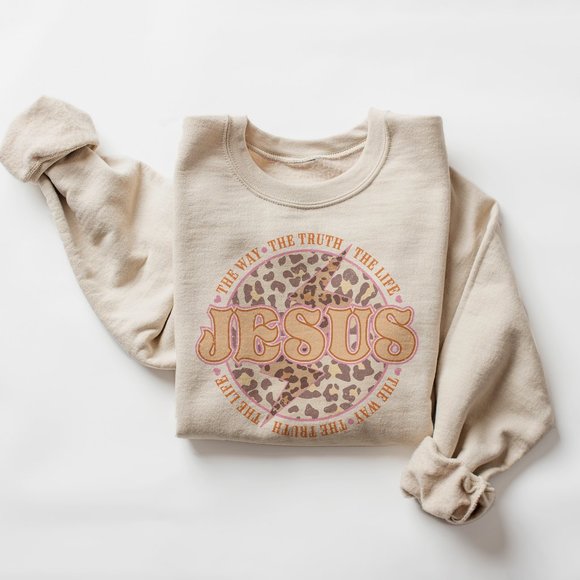 Aurlex Tees Tops - Jesus The Way The Truth The Life - Unisex Sand Leopard Christian Sweatshirt